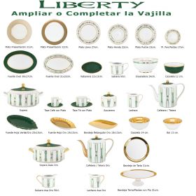 Piezas de porcelana disponibles para completar y ampliar la vajilla moderna de Porcelanas Porcel Liberty Verde y Oro 