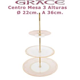 Centro de Mesa 3 pisos Porcel Ø 32cm. A 36cm. Grace Rosa y Oro