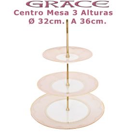 Centro de Mesa 3 pisos Porcel Ø 32cm. A 36cm. Grace Rosa y Oro