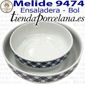 Ensaladeras Boles Cazoletas Cuencos individuales Melide 9474 Porcelanas Pontesa Vajillas Santa Clara puntos y cuadrados azules y blanco