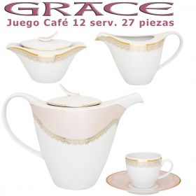 Juego Café Porcel 12 servicios (27 pzs.) Grace Rosa Nácar y Oro