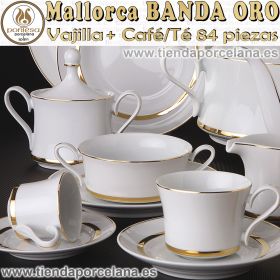 Vajilla con juego de Café / Té 84 piezas 12 servicios completos Santa Clara Mallorca Banda Oro