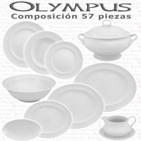 Vajillas Porcel 57 piezas Olympus Blanco Hogar y Hostelería se puede personalizar con iniciales para regalo de boda y con imagen corporativa para cafeterías y restaurantes.
