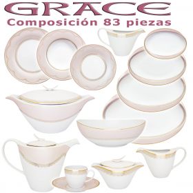 Vajilla + Café Porcel 83 piezas Grace Rosa Nacar y Oro Estilo Clásico