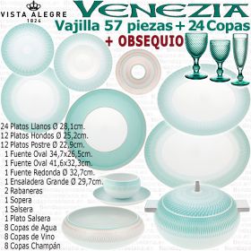 Vajilla completa VENEZIA Vista Alegre con OBSEQUIO Cristalería 36 piezas Bicos Picos Verde Menta