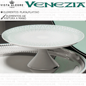 Venezia Vista Alegre Plato Pastas con Pie Pequeño Verde y Plata