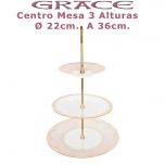 Centro de Mesa 3 pisos Porcel Ø 32cm. A 36cm. Grace Rosa y Oro