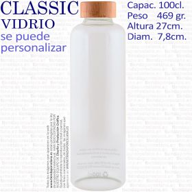 Botella Classic 100cl (1 litro) tipo Culligan Borosilicato recta.
Botellas de cristal y vidrio personalizadas y vitrificadas, vidriadas a 600ºC para hosteleria, cafeterias, restaurantes, hoteles horeca y empresas.