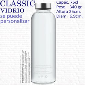 Botella Cristal Vidrio Clasica recta 75cl tipo Culligan recta.
Botellas de cristal y vidrio personalizadas y vitrificadas, vidriadas a 600ºC para hosteleria, cafeterias, restaurantes, hoteles horeca y empresas.