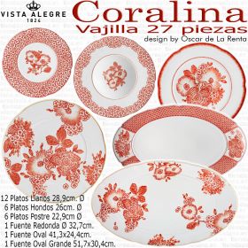 Vajilla Coralina Vista Alegre 12 Platos Llanos, 6 Platos Hondos, 6 Platos Postre, 1 Fuente Redonda 32,7cm., 1 Fuente Oval 41,3x24,4cm., 1 Fuente Oval Grande 51,7x30,4cm.