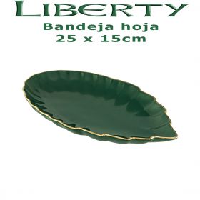 Bandeja para Entremeses o Pastas de la colección Liberty de Vajillas Porcel, de tamaño 25x15 cm. decorada en Verde y rematada con Filo de Oro.