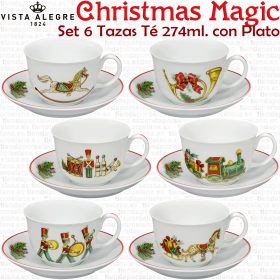 Juego de 6 Tazas de Té con Plato 6 dibujos Navidad diferentes Christmas Magic