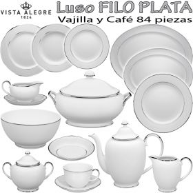 Vajilla con Juego Café 84 piezas Vista Alegre Luso Platina Filo Plata