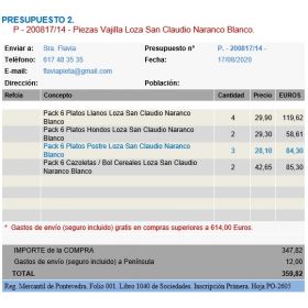 PRESUPUESTO 200817/14 - Piezas Vajilla Loza San Claudio Naranco Blanco - Sra. Flavia