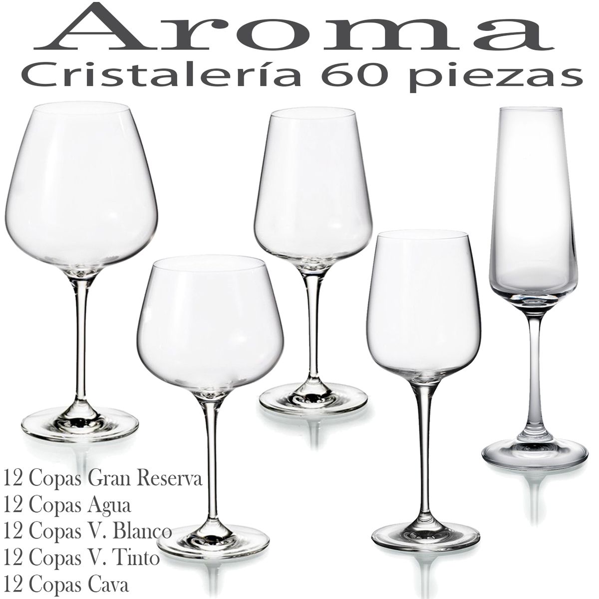 Cristalería completa y economica 60 Copas (12 Copas Gran Reserva) Vista