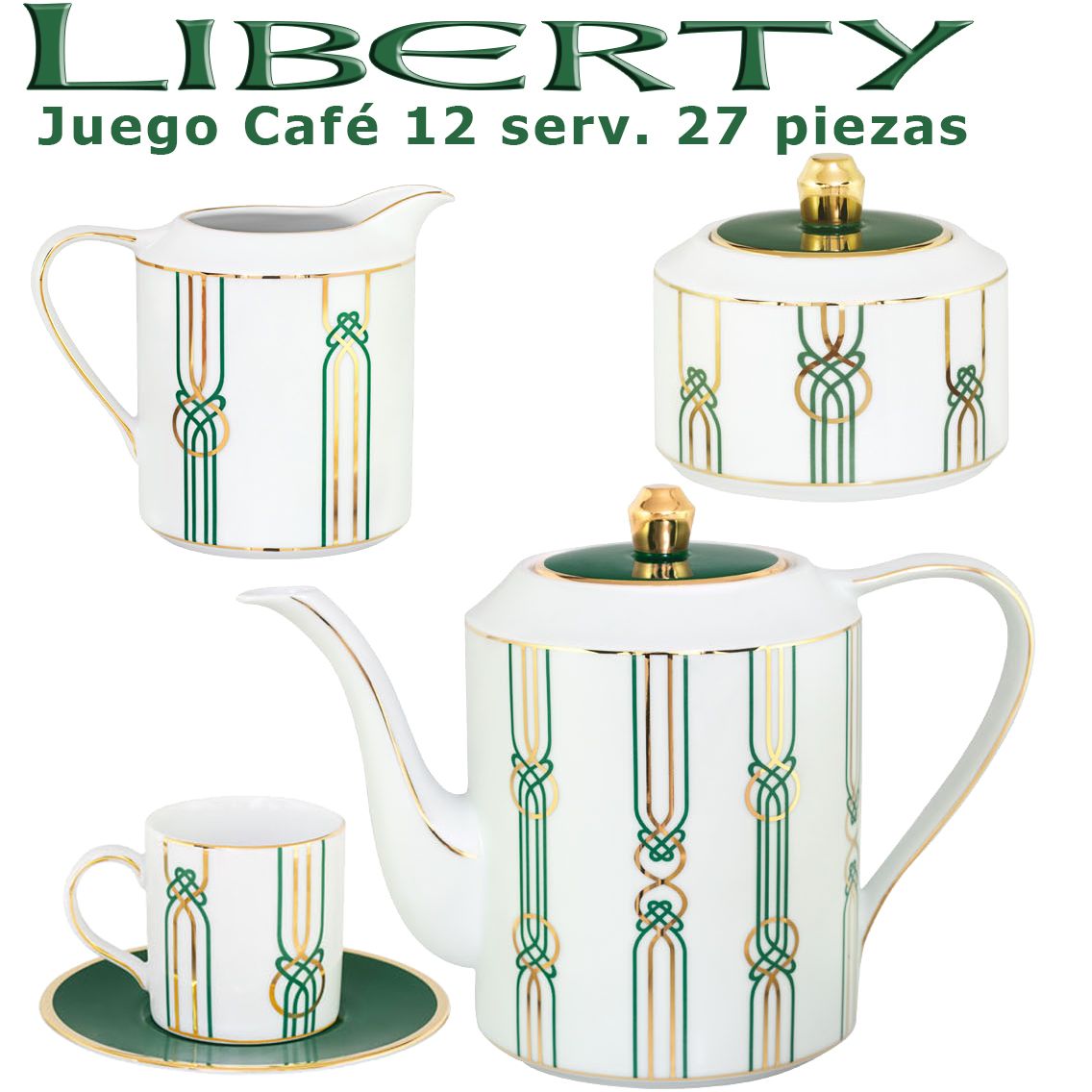 Vajilla con Juego de Café Porcel 84 piezas Liberty Verde y Oro