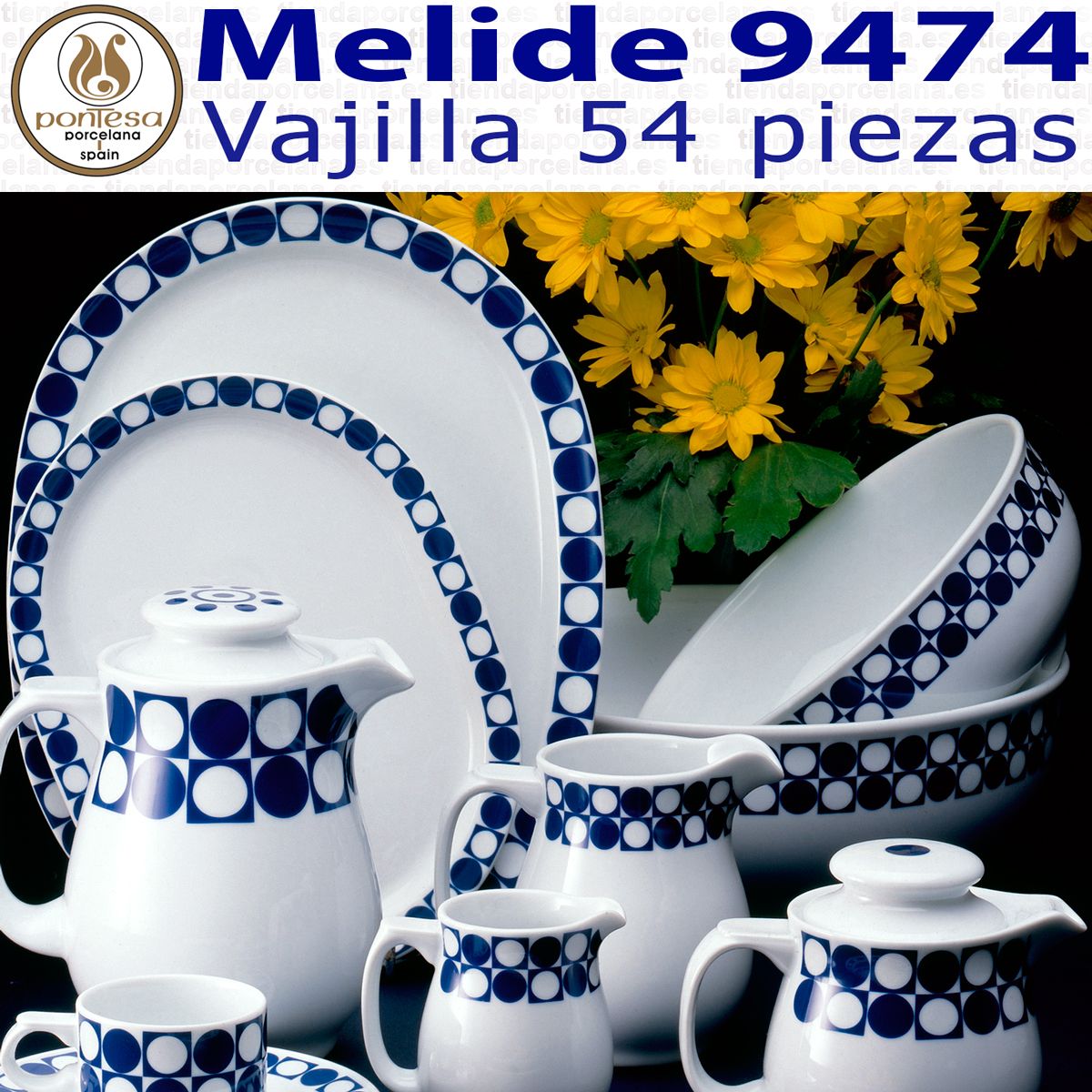 Vajilla 57 piezas Pontesa Santa Clara Mallorca Candela Flores Azul Cobalto