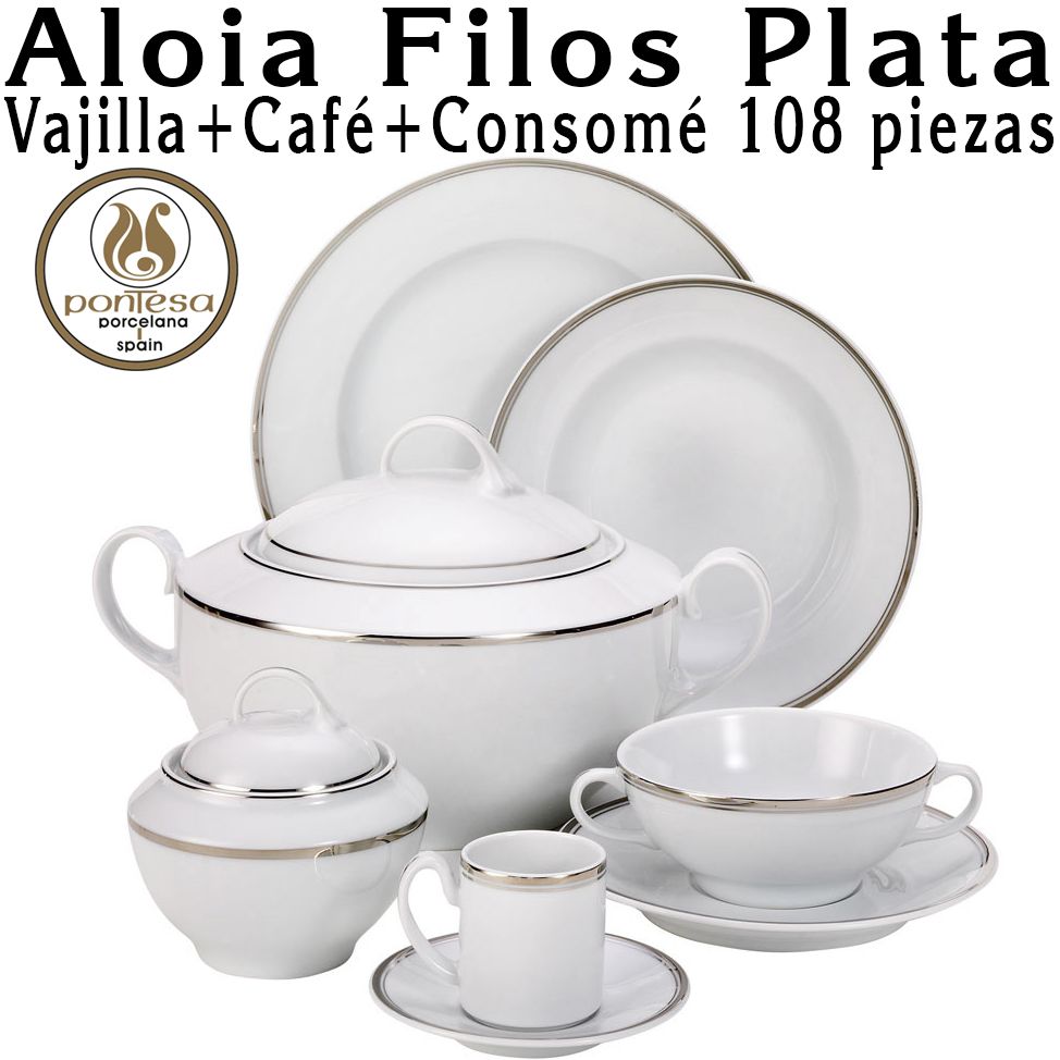 Vajilla Caf Consom 108 piezas ALOIA FILOS PLATA Porcelanas Pontesa